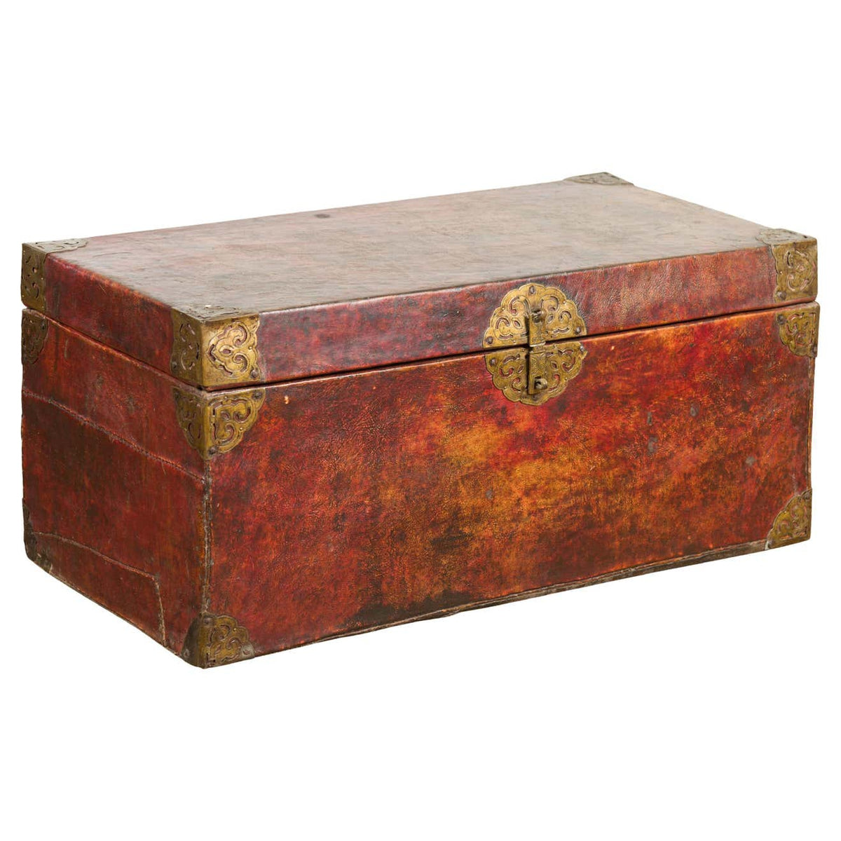 Vintage Chinese Lacquered Leather Blanket Chest with Reddish Brown Patina-1. Asian & Chinese Furniture, Art, Antiques, Vintage Home Décor for sale at FEA Home