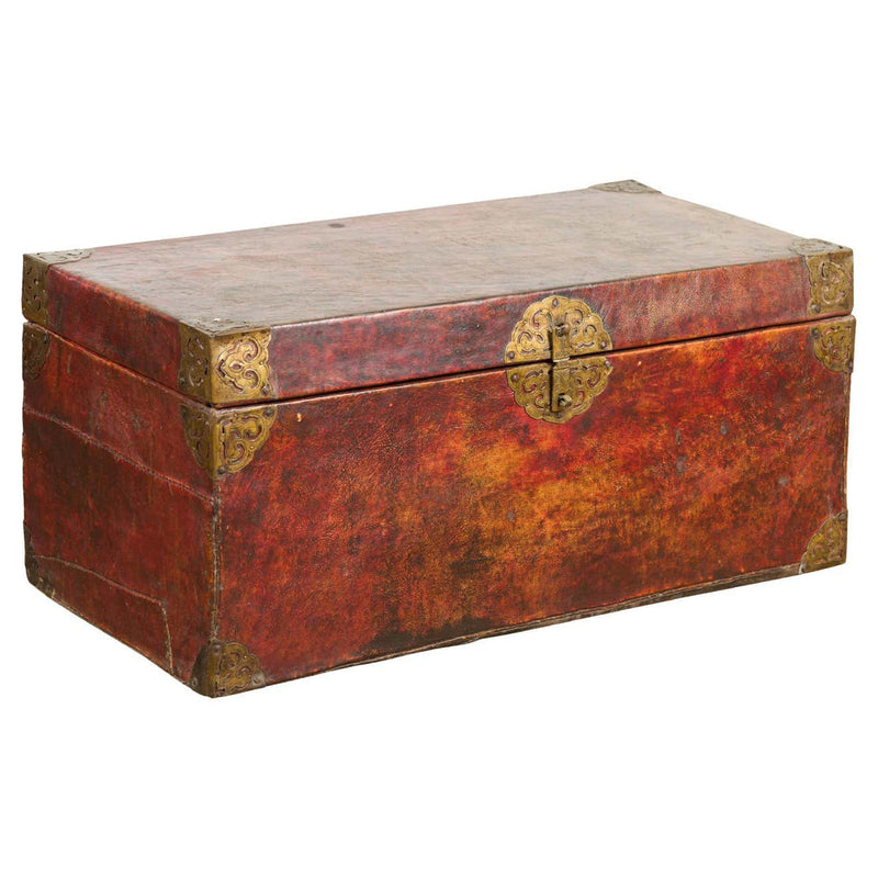 Vintage Chinese Lacquered Leather Blanket Chest with Reddish Brown Patina-YN7668-1. Asian & Chinese Furniture, Art, Antiques, Vintage Home Décor for sale at FEA Home