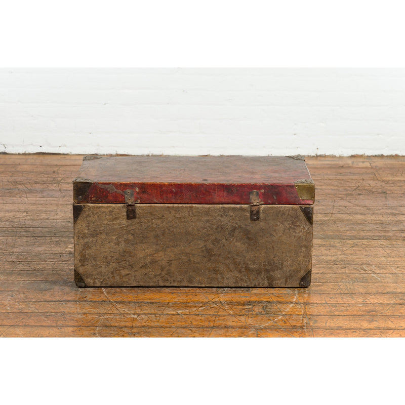 Vintage Chinese Lacquered Leather Blanket Chest with Reddish Brown Patina-YN7668-10. Asian & Chinese Furniture, Art, Antiques, Vintage Home Décor for sale at FEA Home