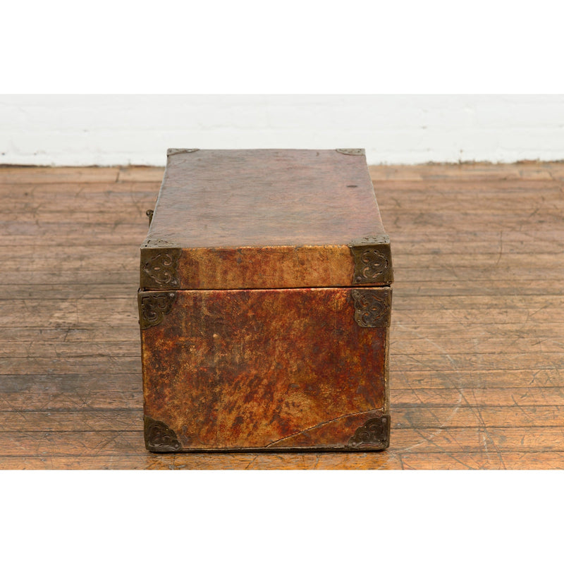 Vintage Chinese Lacquered Leather Blanket Chest with Reddish Brown Patina-YN7668-11. Asian & Chinese Furniture, Art, Antiques, Vintage Home Décor for sale at FEA Home