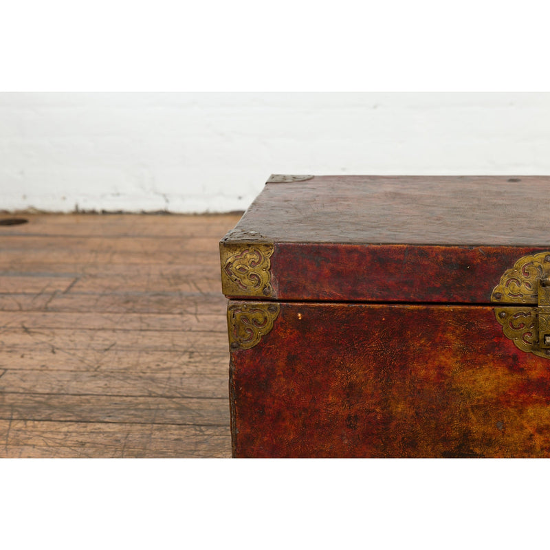 Vintage Chinese Lacquered Leather Blanket Chest with Reddish Brown Patina-YN7668-12. Asian & Chinese Furniture, Art, Antiques, Vintage Home Décor for sale at FEA Home