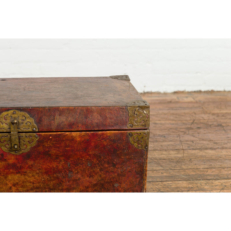 Vintage Chinese Lacquered Leather Blanket Chest with Reddish Brown Patina-YN7668-13. Asian & Chinese Furniture, Art, Antiques, Vintage Home Décor for sale at FEA Home