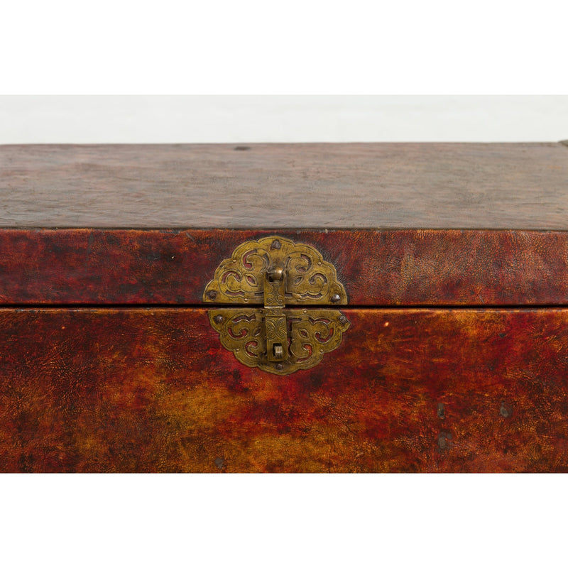 Vintage Chinese Lacquered Leather Blanket Chest with Reddish Brown Patina-YN7668-14. Asian & Chinese Furniture, Art, Antiques, Vintage Home Décor for sale at FEA Home