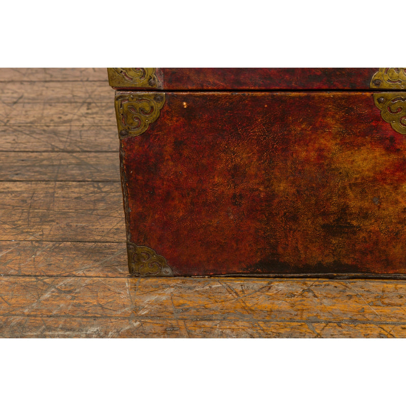 Vintage Chinese Lacquered Leather Blanket Chest with Reddish Brown Patina-YN7668-15. Asian & Chinese Furniture, Art, Antiques, Vintage Home Décor for sale at FEA Home