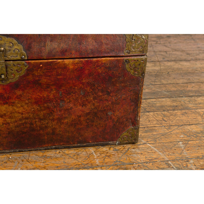 Vintage Chinese Lacquered Leather Blanket Chest with Reddish Brown Patina-YN7668-16. Asian & Chinese Furniture, Art, Antiques, Vintage Home Décor for sale at FEA Home