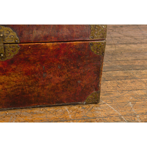 Vintage Chinese Lacquered Leather Blanket Chest with Reddish Brown Patina-YN7668-16. Asian & Chinese Furniture, Art, Antiques, Vintage Home Décor for sale at FEA Home