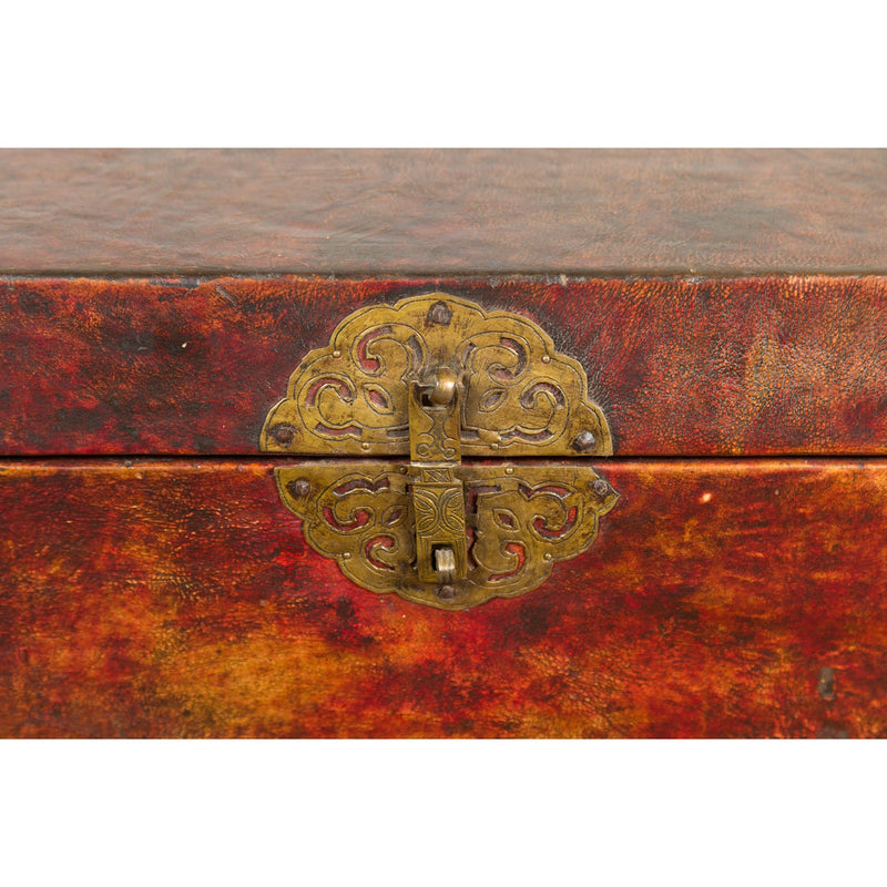 Vintage Chinese Lacquered Leather Blanket Chest with Reddish Brown Patina-YN7668-17. Asian & Chinese Furniture, Art, Antiques, Vintage Home Décor for sale at FEA Home