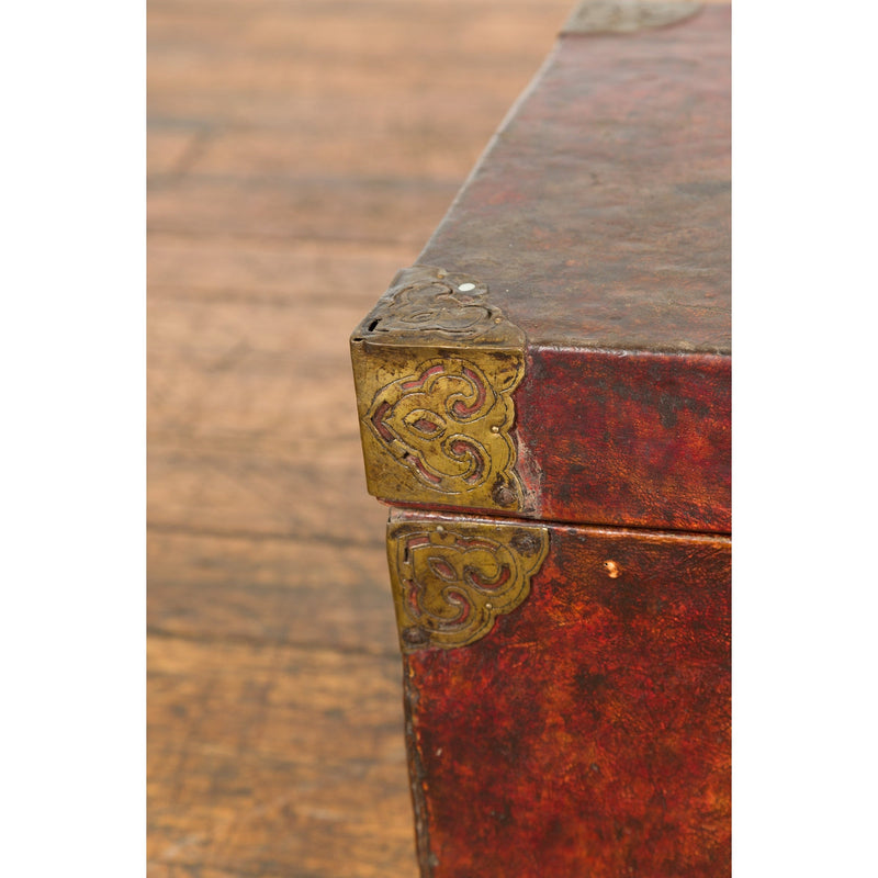 Vintage Chinese Lacquered Leather Blanket Chest with Reddish Brown Patina-YN7668-18. Asian & Chinese Furniture, Art, Antiques, Vintage Home Décor for sale at FEA Home