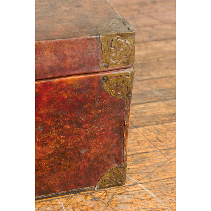 Vintage Chinese Lacquered Leather Blanket Chest with Reddish Brown Patina-YN7668-19. Asian & Chinese Furniture, Art, Antiques, Vintage Home Décor for sale at FEA Home