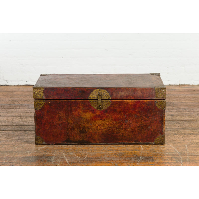 Vintage Chinese Lacquered Leather Blanket Chest with Reddish Brown Patina-YN7668-2. Asian & Chinese Furniture, Art, Antiques, Vintage Home Décor for sale at FEA Home