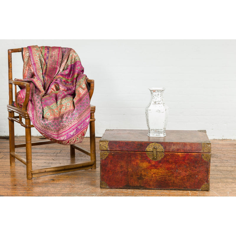 Vintage Chinese Lacquered Leather Blanket Chest with Reddish Brown Patina-YN7668-4. Asian & Chinese Furniture, Art, Antiques, Vintage Home Décor for sale at FEA Home