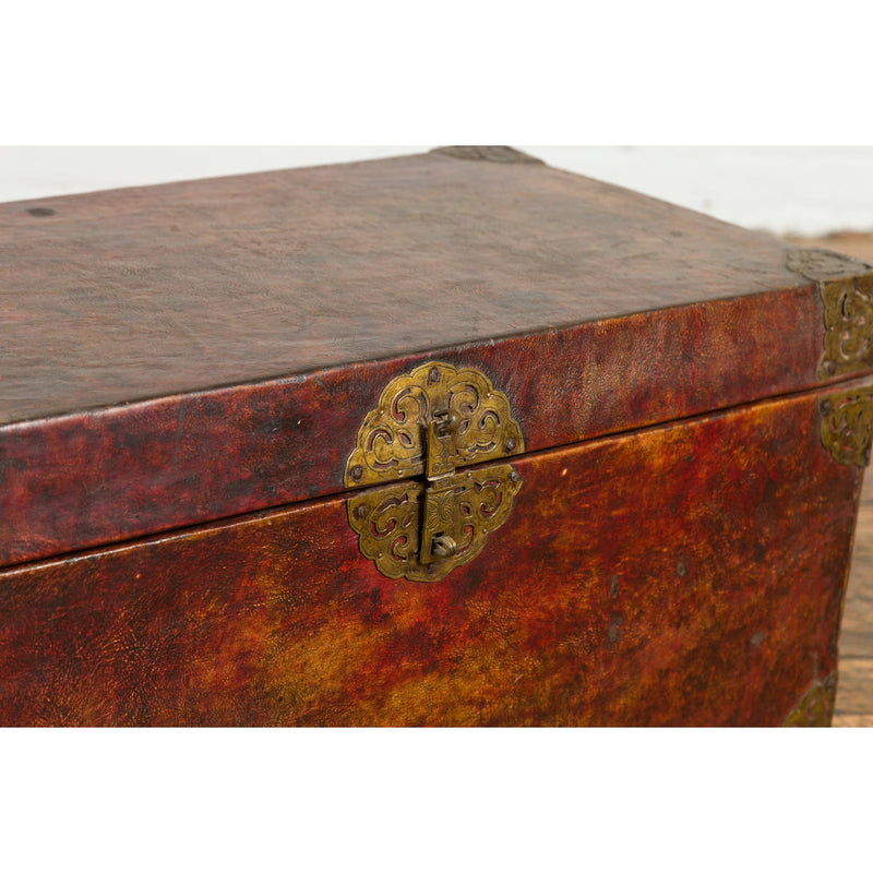 Vintage Chinese Lacquered Leather Blanket Chest with Reddish Brown Patina-YN7668-6. Asian & Chinese Furniture, Art, Antiques, Vintage Home Décor for sale at FEA Home