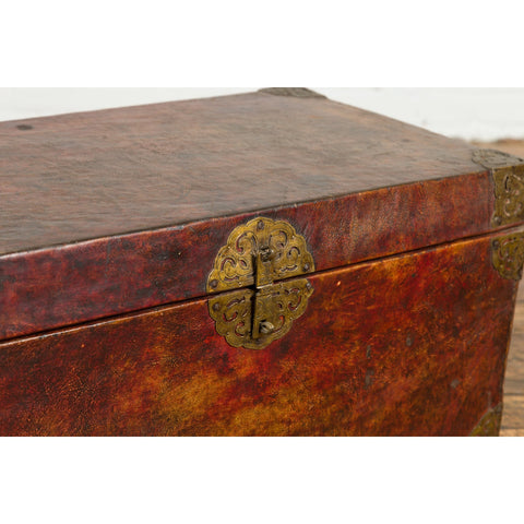 Vintage Chinese Lacquered Leather Blanket Chest with Reddish Brown Patina-YN7668-6. Asian & Chinese Furniture, Art, Antiques, Vintage Home Décor for sale at FEA Home