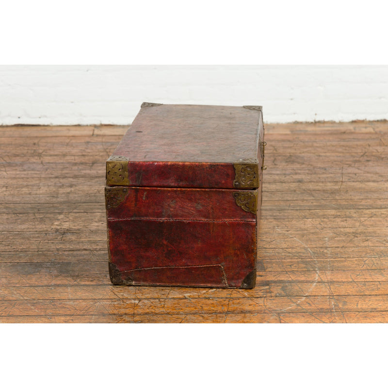 Vintage Chinese Lacquered Leather Blanket Chest with Reddish Brown Patina-YN7668-7. Asian & Chinese Furniture, Art, Antiques, Vintage Home Décor for sale at FEA Home