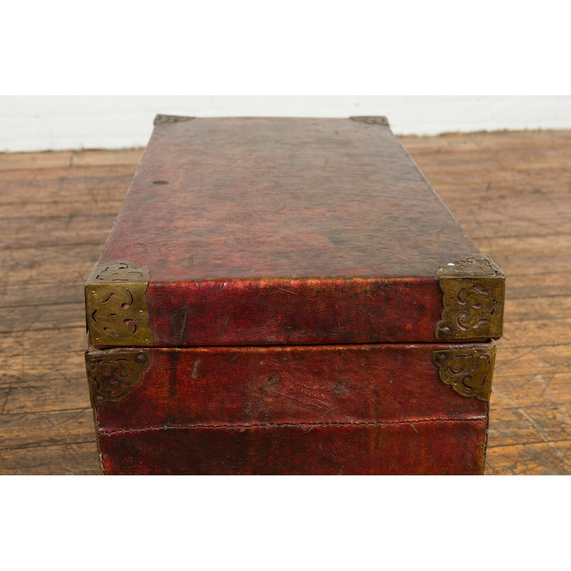 Vintage Chinese Lacquered Leather Blanket Chest with Reddish Brown Patina-YN7668-8. Asian & Chinese Furniture, Art, Antiques, Vintage Home Décor for sale at FEA Home