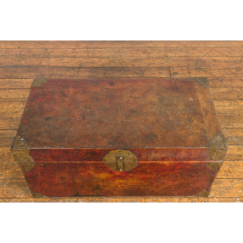 Vintage Chinese Lacquered Leather Blanket Chest with Reddish Brown Patina-YN7668-9. Asian & Chinese Furniture, Art, Antiques, Vintage Home Décor for sale at FEA Home
