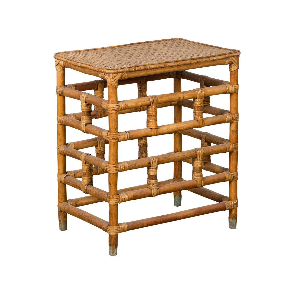 Vintage Country Style Burmese Table with Rattan Top and Geometric Bamboo Base-1. Asian & Chinese Furniture, Art, Antiques, Vintage Home Décor for sale at FEA Home