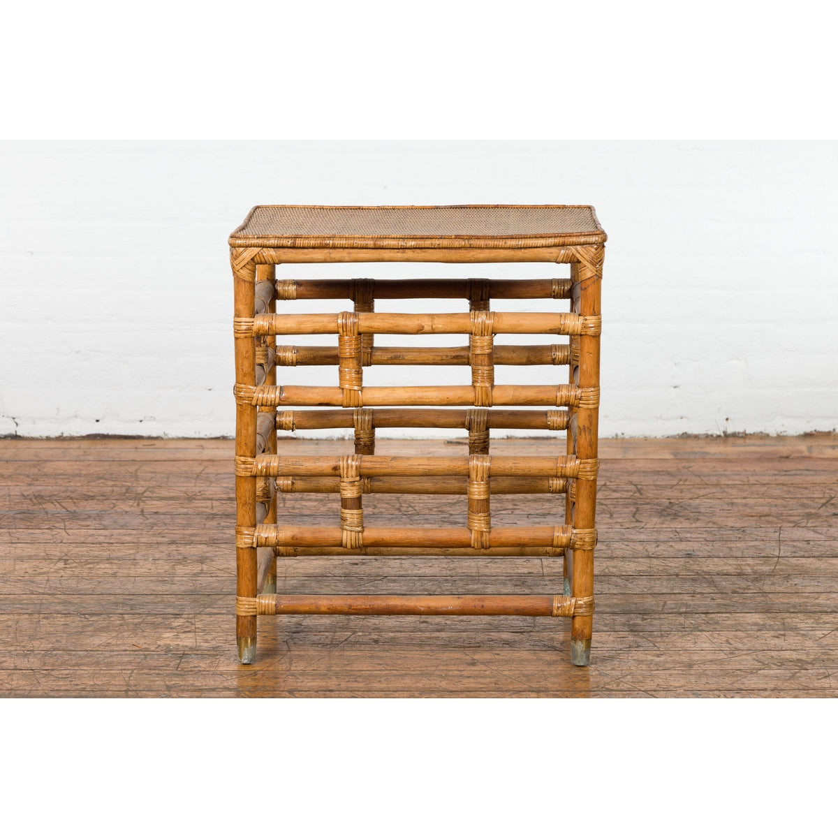 Vintage Country Style Burmese Table with Rattan Top and Geometric Bamboo Base-2. Asian & Chinese Furniture, Art, Antiques, Vintage Home Décor for sale at FEA Home