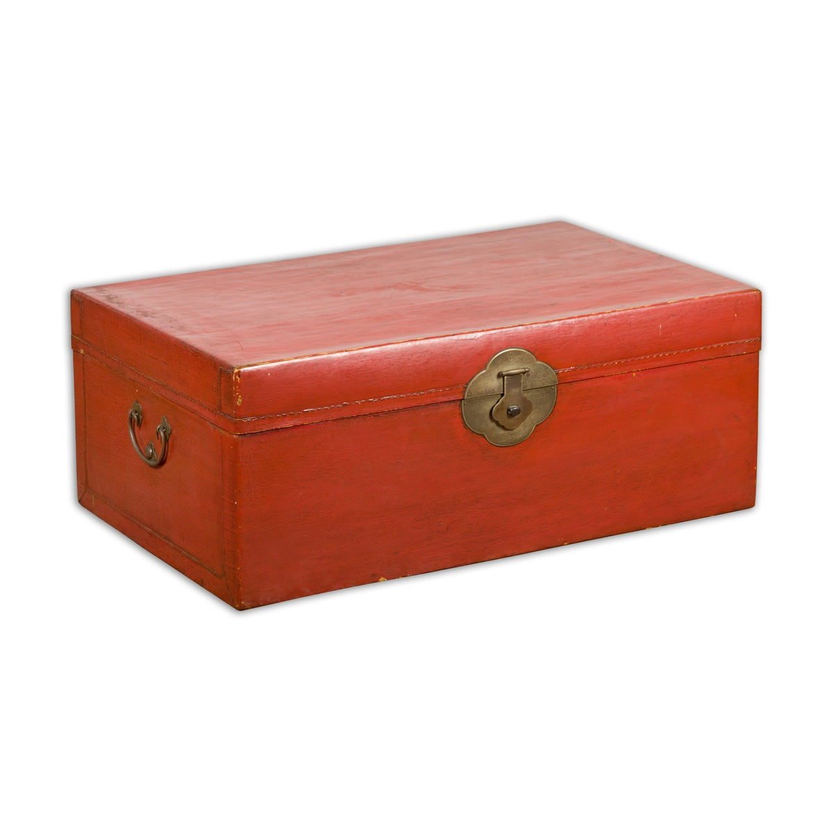 Vintage Red Leather Lacquer Blanket Chest with Brass Hardware-1. Asian & Chinese Furniture, Art, Antiques, Vintage Home Décor for sale at FEA Home