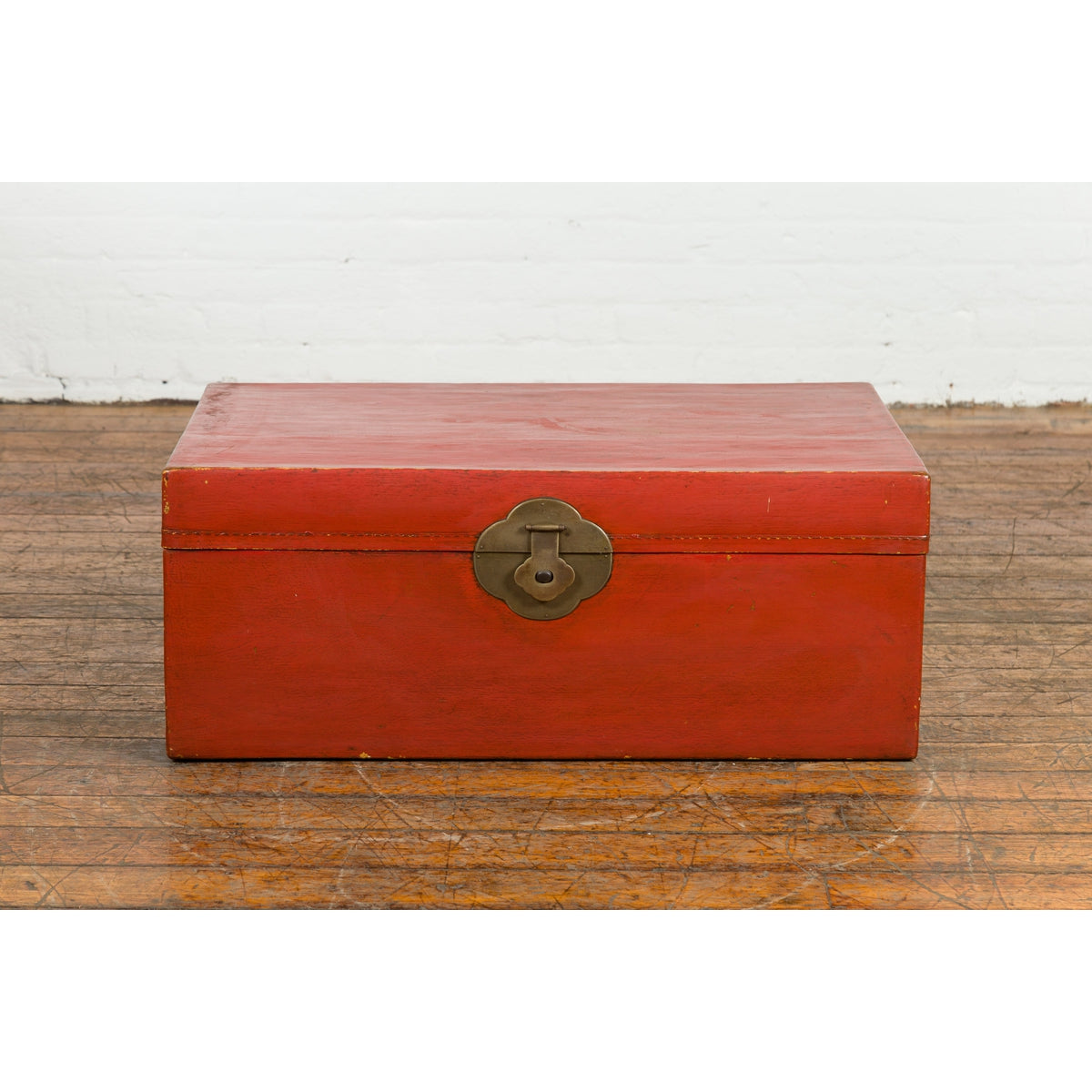 Vintage Red Leather Lacquer Blanket Chest with Brass Hardware-2. Asian & Chinese Furniture, Art, Antiques, Vintage Home Décor for sale at FEA Home