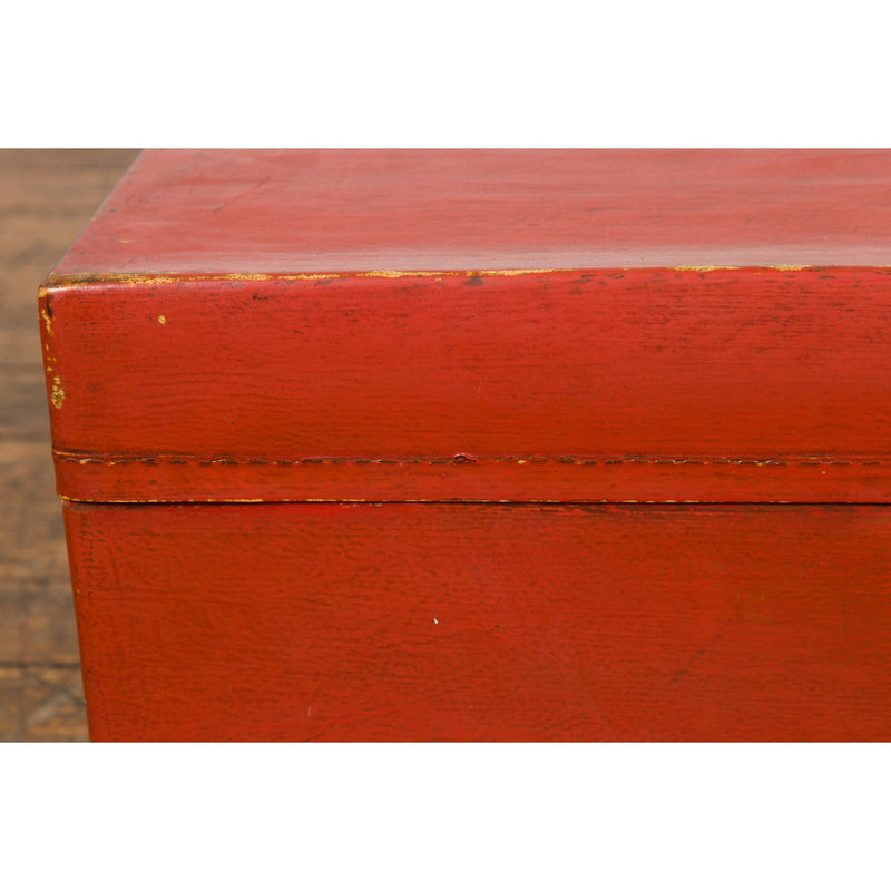 Vintage Red Leather Lacquer Blanket Chest with Brass Hardware-YN7669-18. Asian & Chinese Furniture, Art, Antiques, Vintage Home Décor for sale at FEA Home