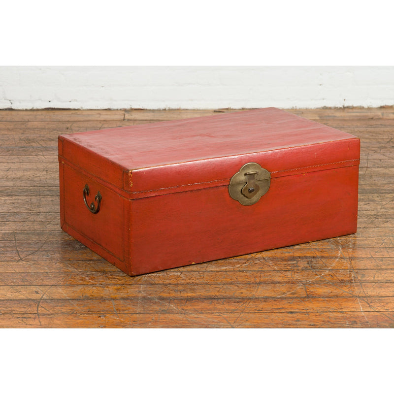 Vintage Red Leather Lacquer Blanket Chest with Brass Hardware-YN7669-3. Asian & Chinese Furniture, Art, Antiques, Vintage Home Décor for sale at FEA Home