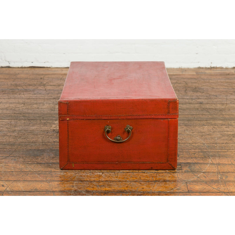 Vintage Red Leather Lacquer Blanket Chest with Brass Hardware-YN7669-7. Asian & Chinese Furniture, Art, Antiques, Vintage Home Décor for sale at FEA Home