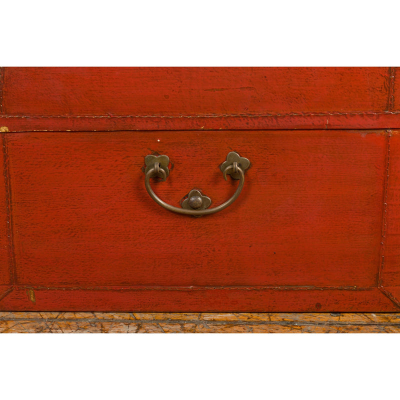 Vintage Red Leather Lacquer Blanket Chest with Brass Hardware-YN7669-8. Asian & Chinese Furniture, Art, Antiques, Vintage Home Décor for sale at FEA Home