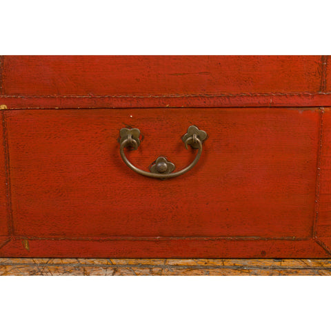 Vintage Red Leather Lacquer Blanket Chest with Brass Hardware