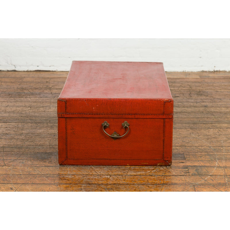 Vintage Red Leather Lacquer Blanket Chest with Brass Hardware-YN7669-10. Asian & Chinese Furniture, Art, Antiques, Vintage Home Décor for sale at FEA Home