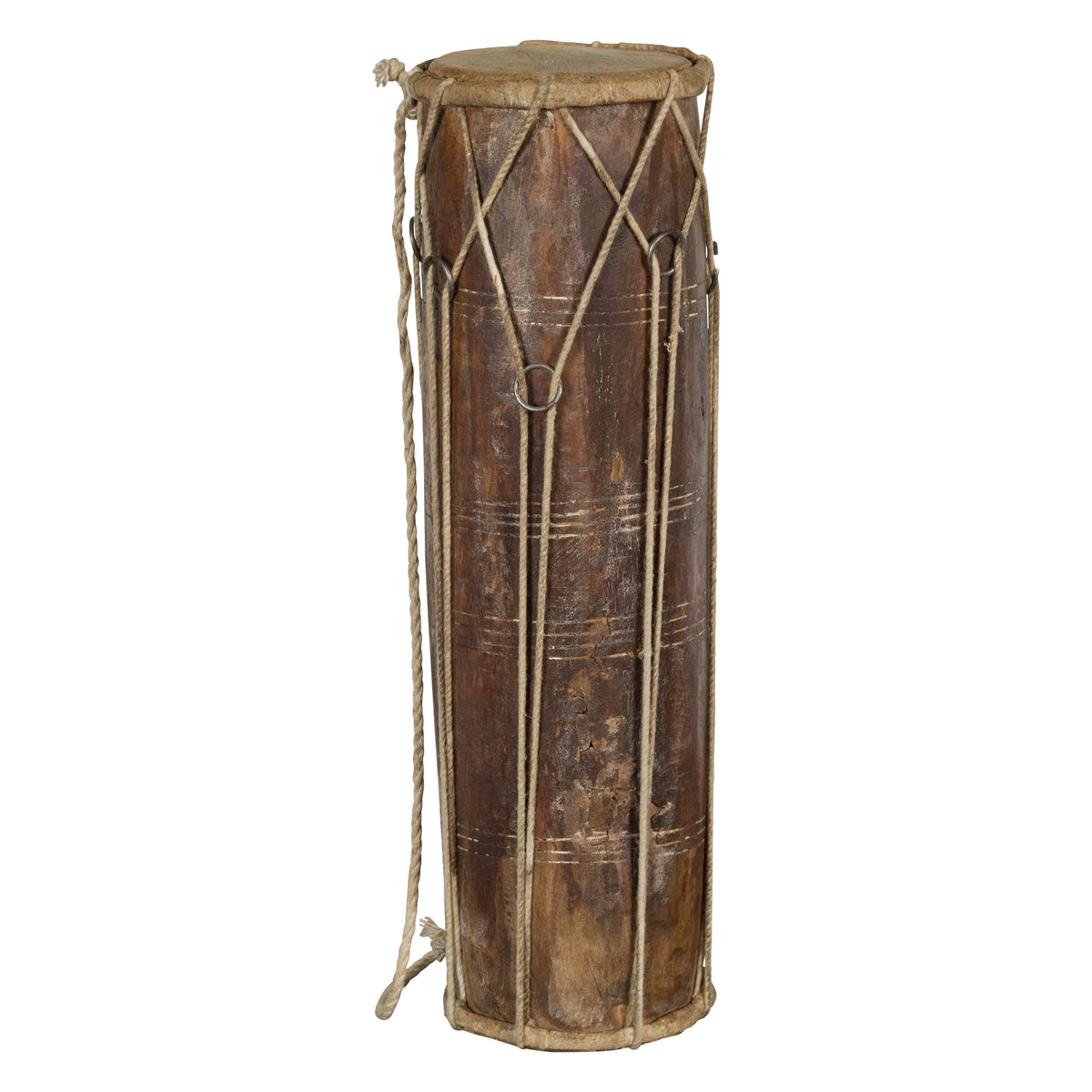 Vintage Thai Wood, Leather and Rope Klong Khaek Processional Double Headed Drum-1. Asian & Chinese Furniture, Art, Antiques, Vintage Home Décor for sale at FEA Home