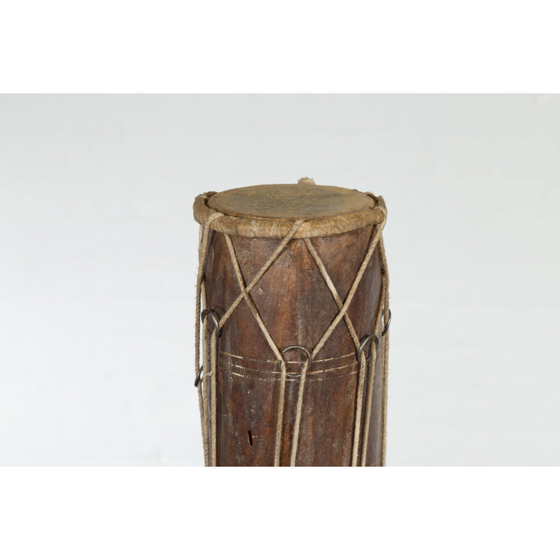 Buy-this-Vintage Thai Wood, Leather and Rope Klong Khaek Processional Double Headed Drum-image-position-4-style-YNE522-Shop-for-Vintage-and-Antique-Asian-and-Chinese-Furniture-for-sale-at-FEA Home-NYC
