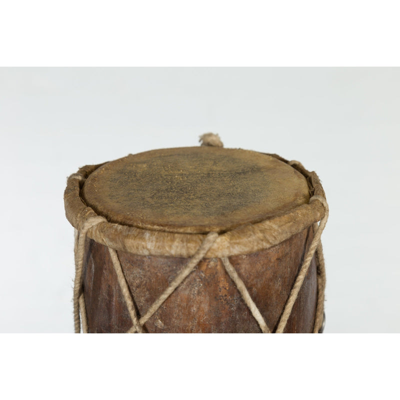 Buy-this-Vintage Thai Wood, Leather and Rope Klong Khaek Processional Double Headed Drum-image-position-7-style-YNE522-Shop-for-Vintage-and-Antique-Asian-and-Chinese-Furniture-for-sale-at-FEA Home-NYC