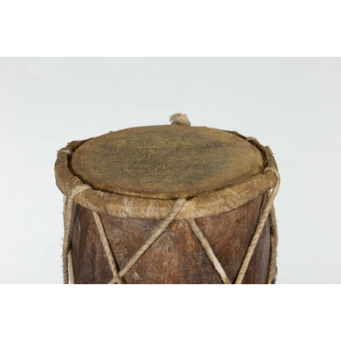 Vintage Thai Wood, Leather and Rope Klong Khaek Processional Double Headed Drum-YNE522-8. Asian & Chinese Furniture, Art, Antiques, Vintage Home Décor for sale at FEA Home