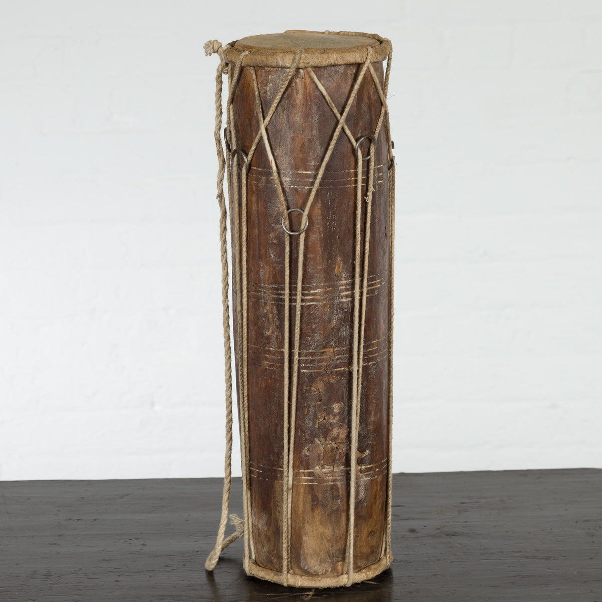 Vintage Thai Wood, Leather and Rope Klong Khaek Processional Double Headed Drum-2. Asian & Chinese Furniture, Art, Antiques, Vintage Home Décor for sale at FEA Home
