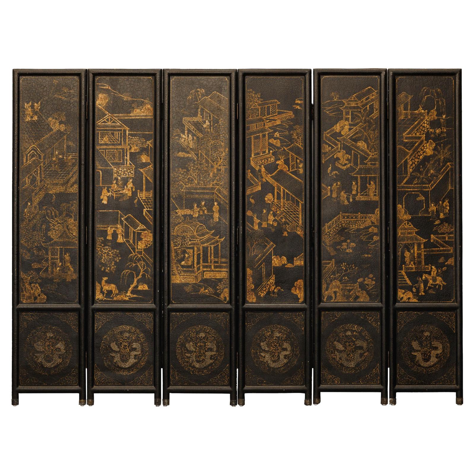 Six-Panel Black Lacquer Screen with Hand-Painted Court Scenes-1. Asian & Chinese Furniture, Art, Antiques, Vintage Home Décor for sale at FEA Home