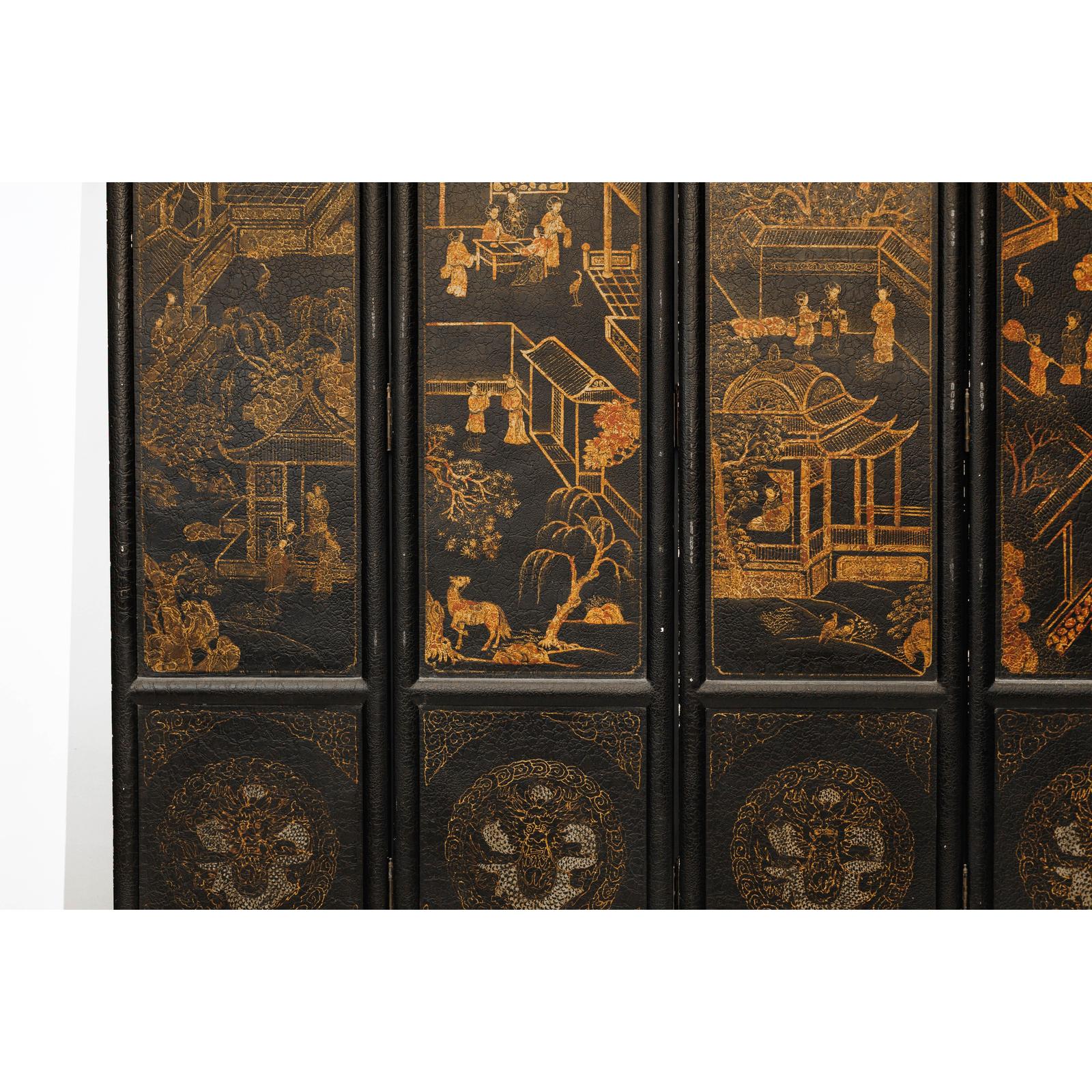 Six-Panel Black Lacquer Screen with Hand-Painted Court Scenes-10. Asian &amp; Chinese Furniture, Art, Antiques, Vintage Home Décor for sale at FEA Home
