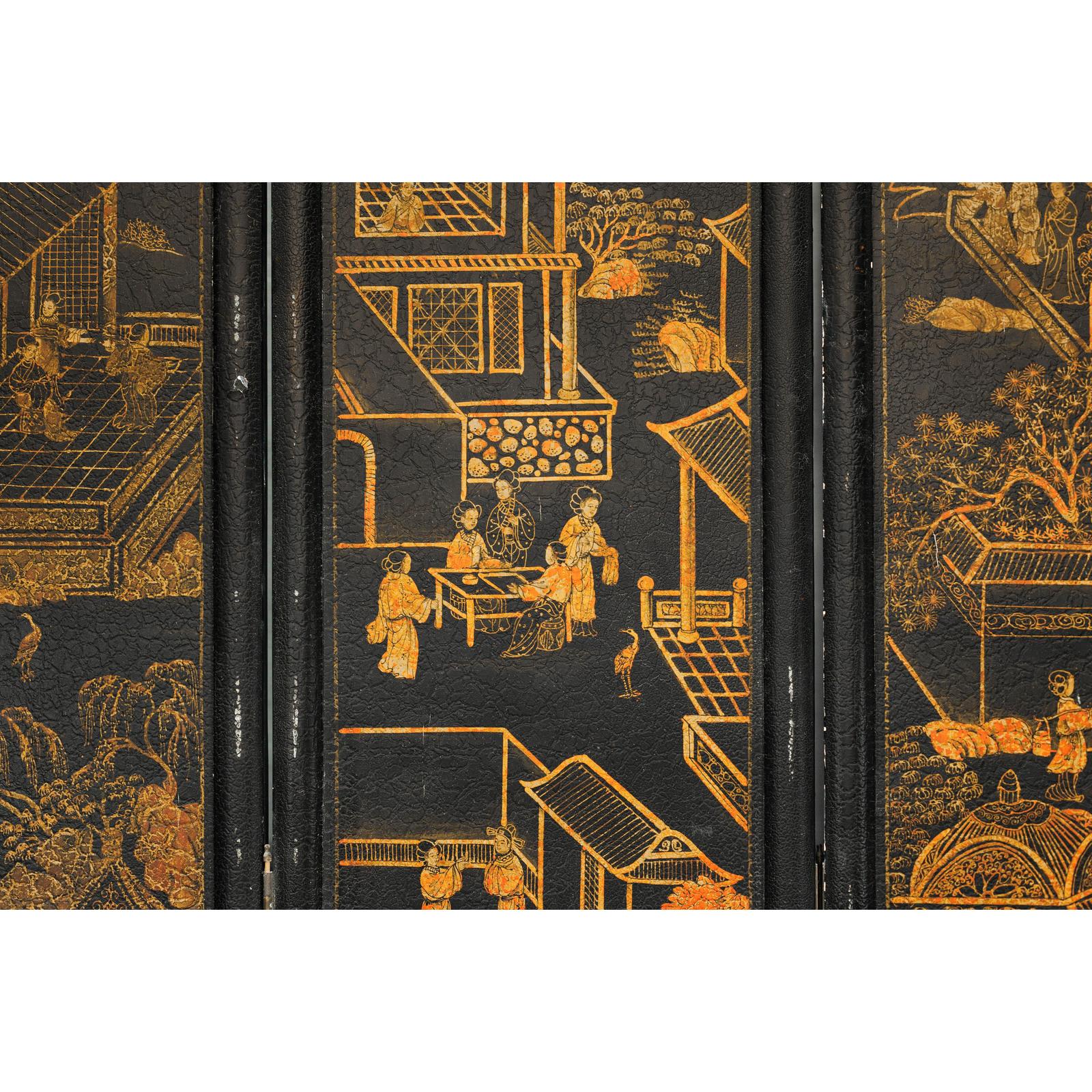 Six-Panel Black Lacquer Screen with Hand-Painted Court Scenes-11. Asian &amp; Chinese Furniture, Art, Antiques, Vintage Home Décor for sale at FEA Home