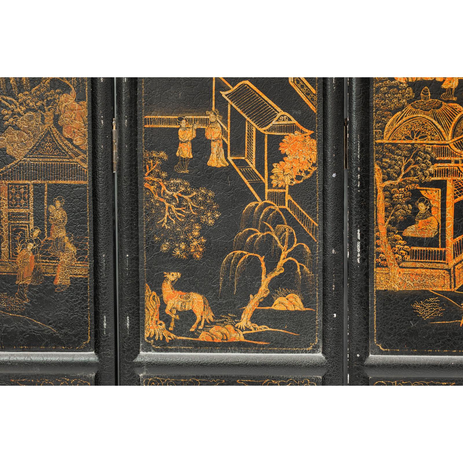Six-Panel Black Lacquer Screen with Hand-Painted Court Scenes-12. Asian &amp; Chinese Furniture, Art, Antiques, Vintage Home Décor for sale at FEA Home