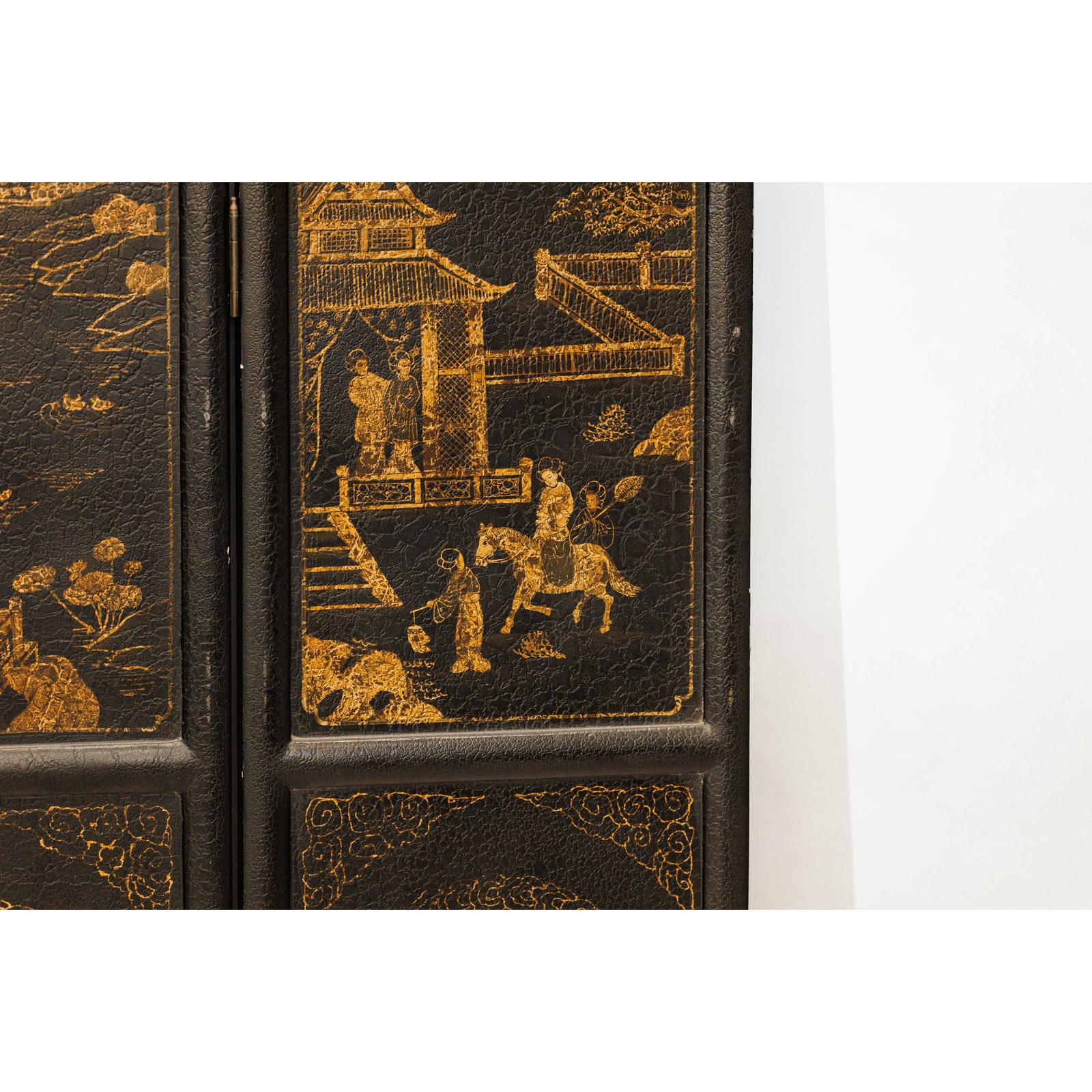 Six-Panel Black Lacquer Screen with Hand-Painted Court Scenes-16. Asian &amp; Chinese Furniture, Art, Antiques, Vintage Home Décor for sale at FEA Home