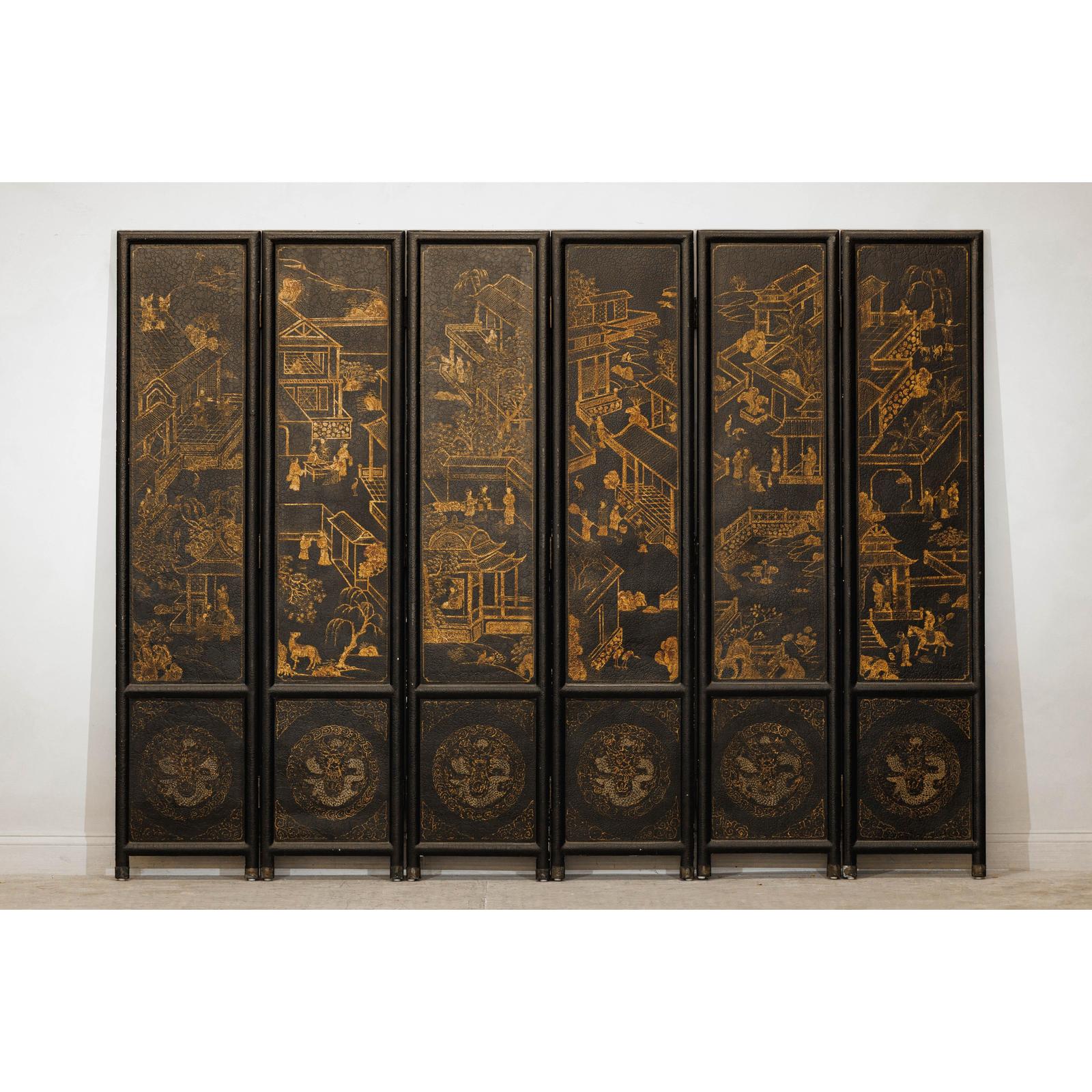 Six-Panel Black Lacquer Screen with Hand-Painted Court Scenes-2. Asian & Chinese Furniture, Art, Antiques, Vintage Home Décor for sale at FEA Home