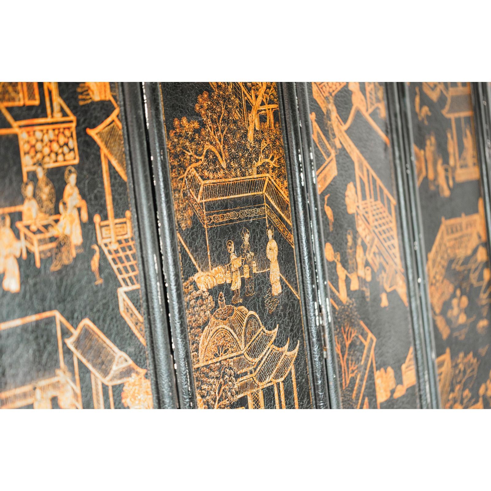 Six-Panel Black Lacquer Screen with Hand-Painted Court Scenes-20. Asian &amp; Chinese Furniture, Art, Antiques, Vintage Home Décor for sale at FEA Home