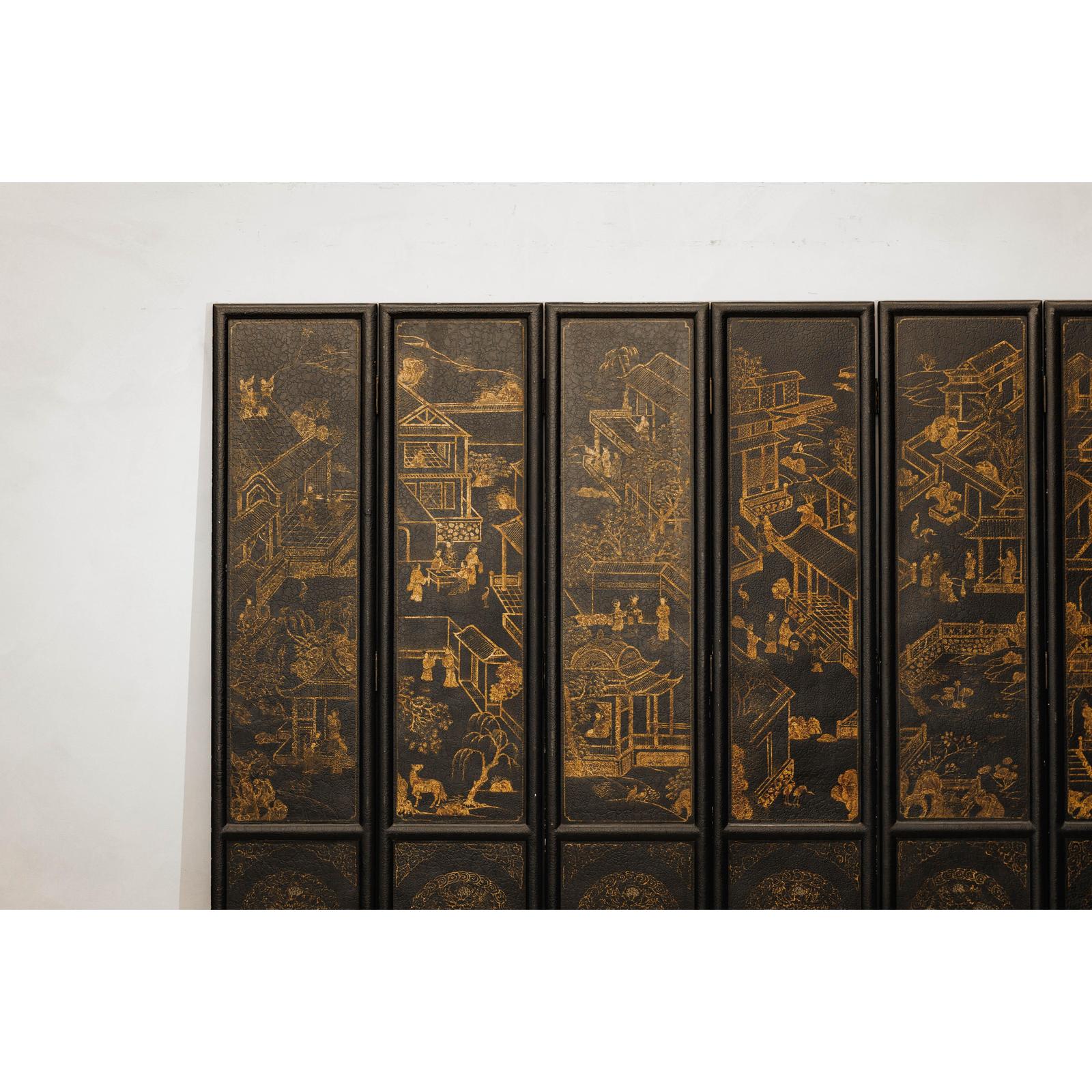 Six-Panel Black Lacquer Screen with Hand-Painted Court Scenes-3. Asian &amp; Chinese Furniture, Art, Antiques, Vintage Home Décor for sale at FEA Home