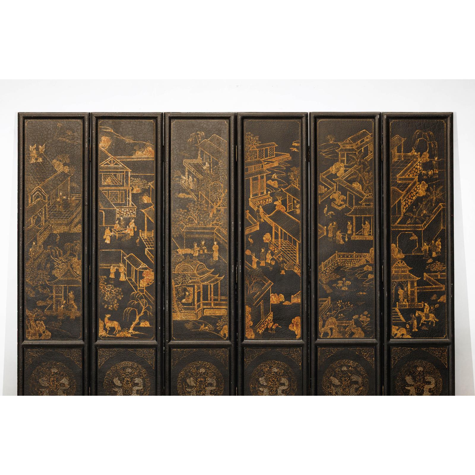 Six-Panel Black Lacquer Screen with Hand-Painted Court Scenes-4. Asian &amp; Chinese Furniture, Art, Antiques, Vintage Home Décor for sale at FEA Home