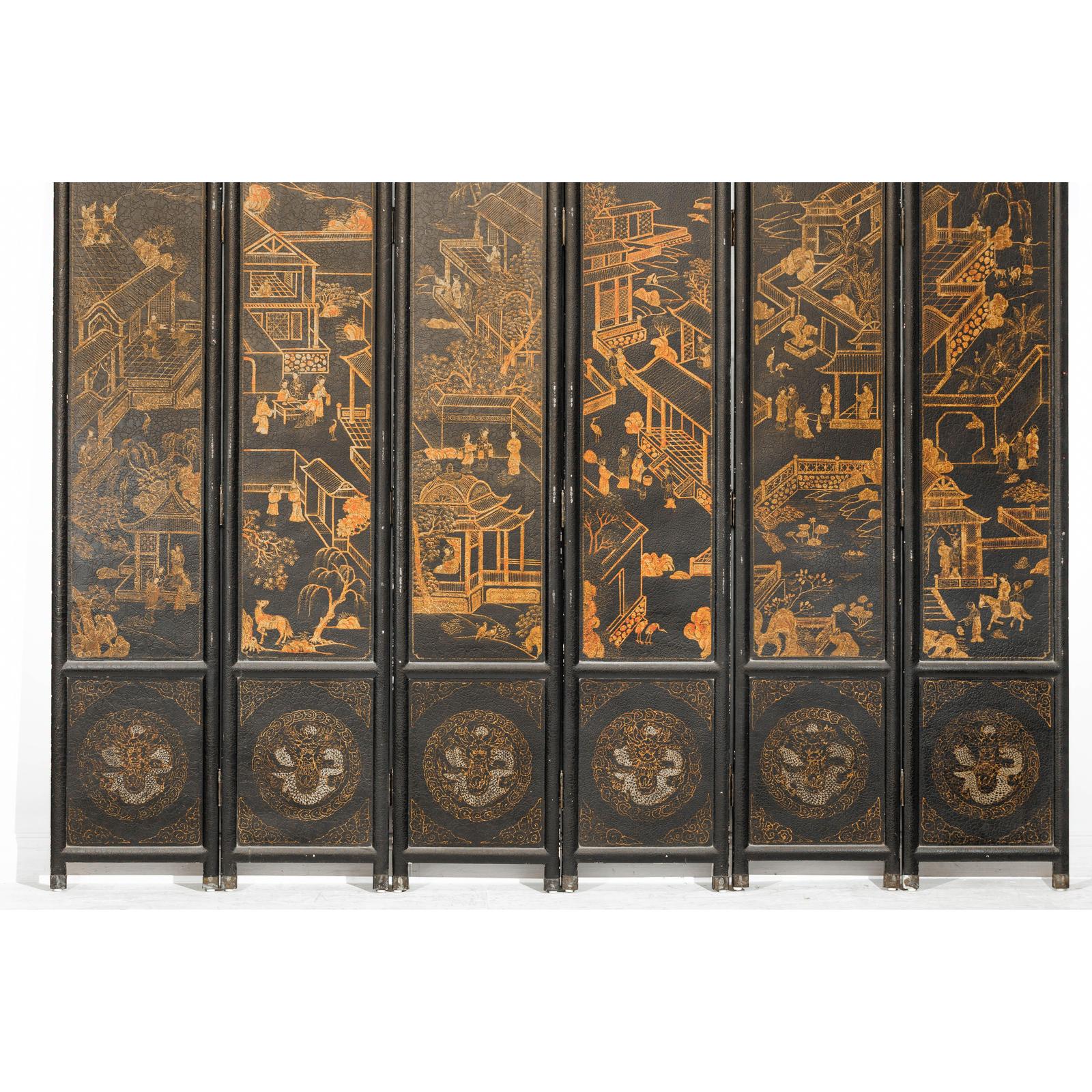 Six-Panel Black Lacquer Screen with Hand-Painted Court Scenes-5. Asian &amp; Chinese Furniture, Art, Antiques, Vintage Home Décor for sale at FEA Home