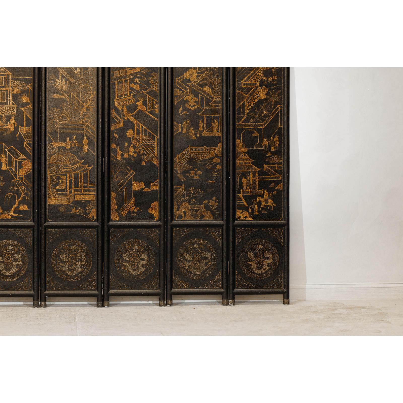 Six-Panel Black Lacquer Screen with Hand-Painted Court Scenes-6. Asian &amp; Chinese Furniture, Art, Antiques, Vintage Home Décor for sale at FEA Home