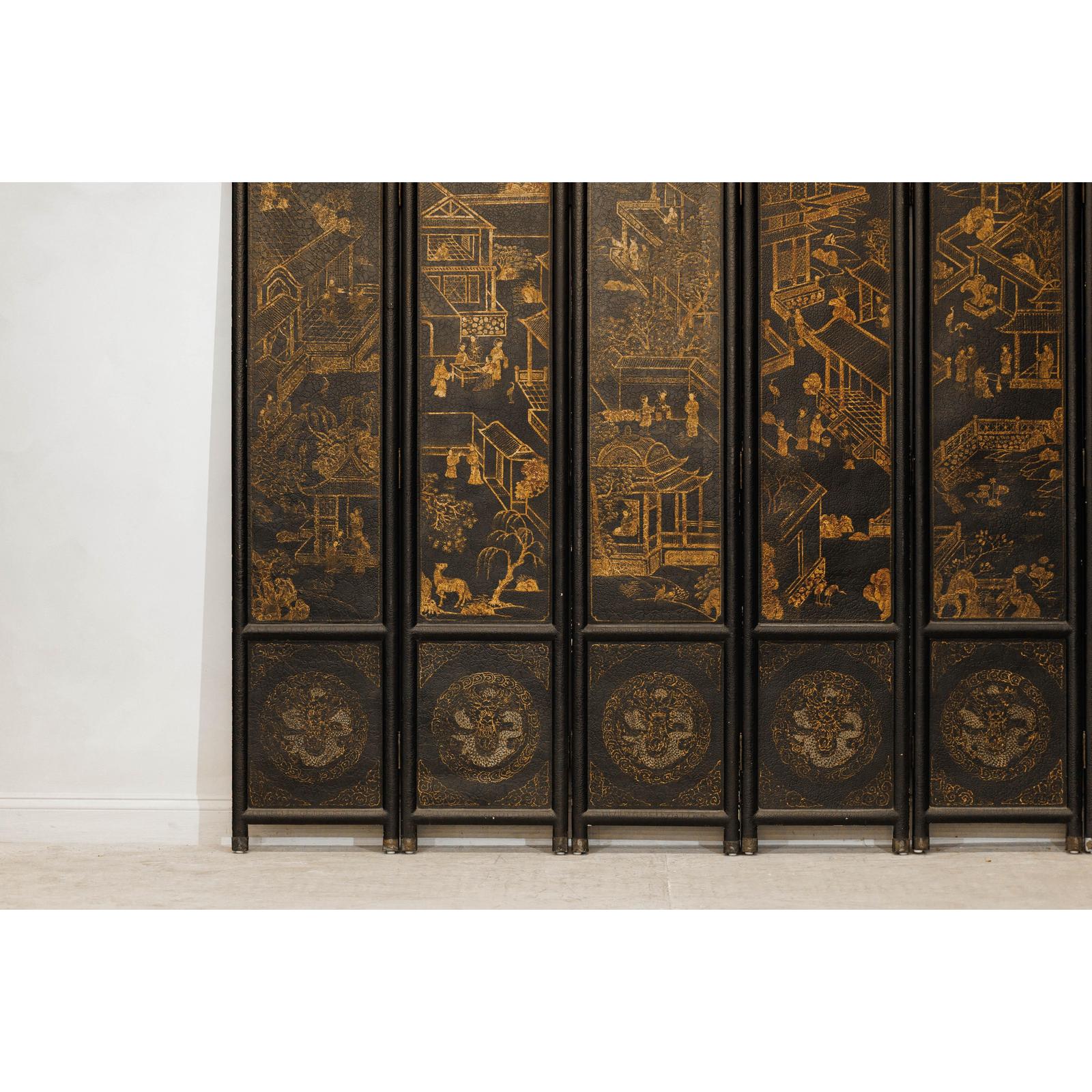 Six-Panel Black Lacquer Screen with Hand-Painted Court Scenes-7. Asian &amp; Chinese Furniture, Art, Antiques, Vintage Home Décor for sale at FEA Home