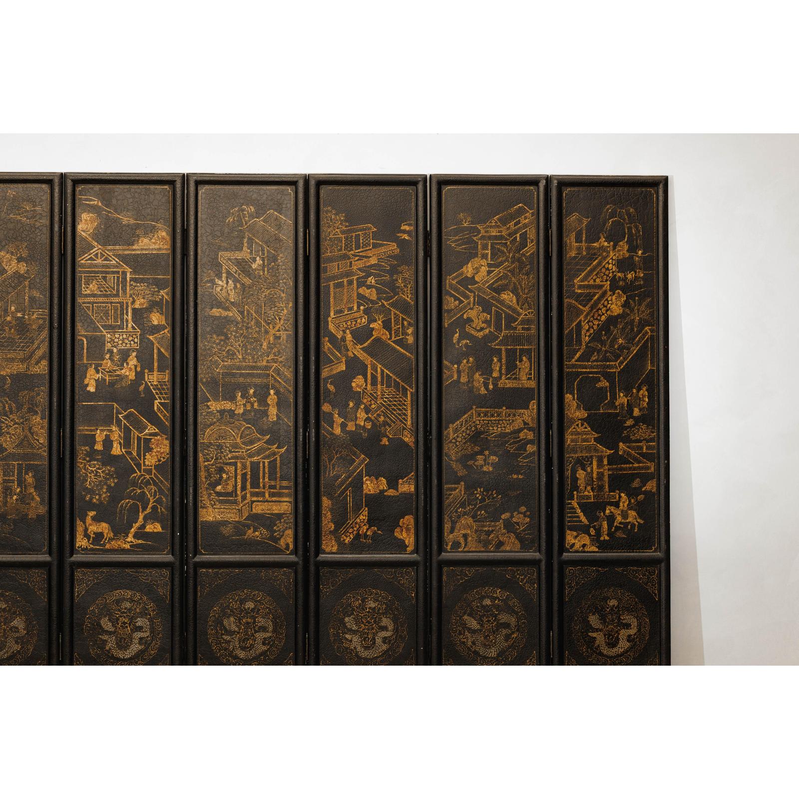 Six-Panel Black Lacquer Screen with Hand-Painted Court Scenes-8. Asian &amp; Chinese Furniture, Art, Antiques, Vintage Home Décor for sale at FEA Home