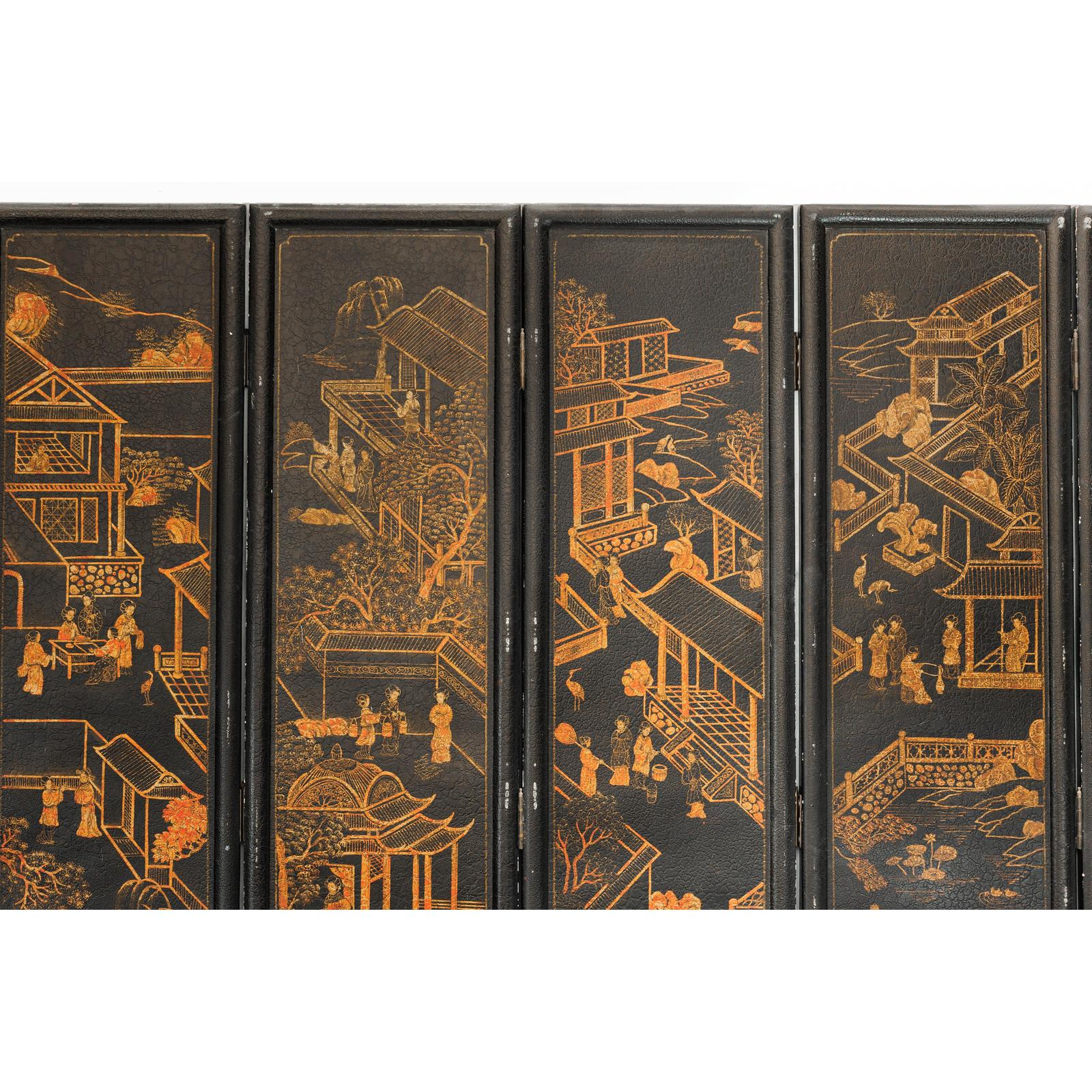 Six-Panel Black Lacquer Screen with Hand-Painted Court Scenes-9. Asian &amp; Chinese Furniture, Art, Antiques, Vintage Home Décor for sale at FEA Home