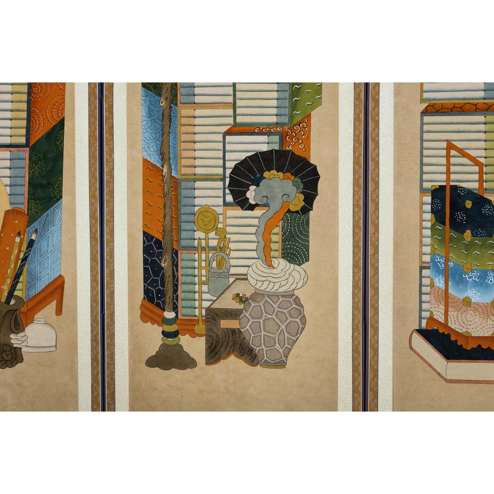 Six-Panel Folding Screen with Scholar’s Objects and Floral Motifs-10. Asian &amp; Chinese Furniture, Art, Antiques, Vintage Home Décor for sale at FEA Home